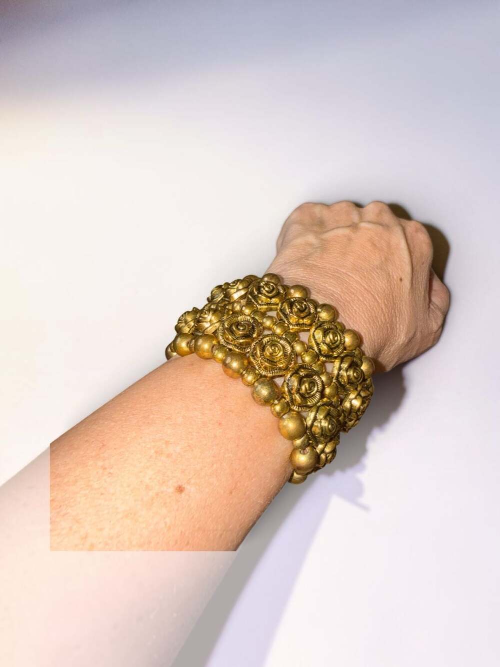 Vintage Chic 3D Metal Rose And Ball Bead Antique Gold Tone Chunk Statement Stret
